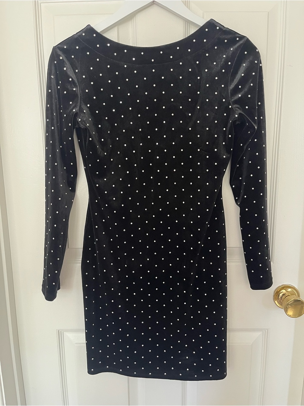 Black Velvet Long-Sleeve Polka Dot Dress with Silver Studs (Holiday Dress)